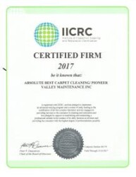 IICRC Certificate Certificate issued to Absolute Best Carpet Cleaning/Pioneer Valley Maintenance Inc. as an IICRC Certified Firm for 2017.